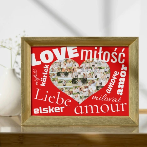 Heart-shaped photo collage poster 30x40 cm - Graphic design filled with photos and text in various styles.