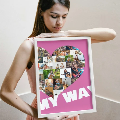 Heart-shaped photo collage poster 40x50 cm - Graphic design with images on a pink background.