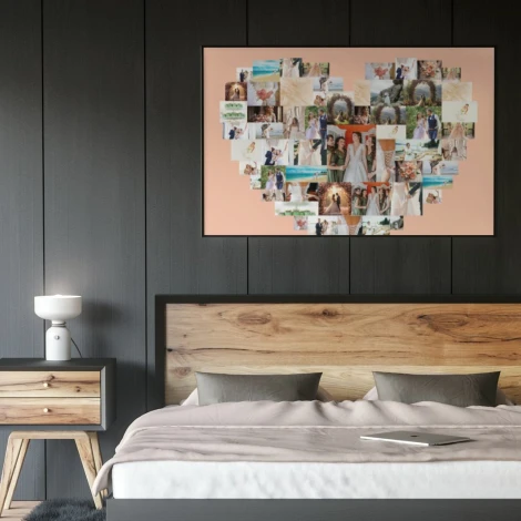 Heart-shaped photo collage 70x100 cm - Bedroom decor with dark walls and wooden furniture.