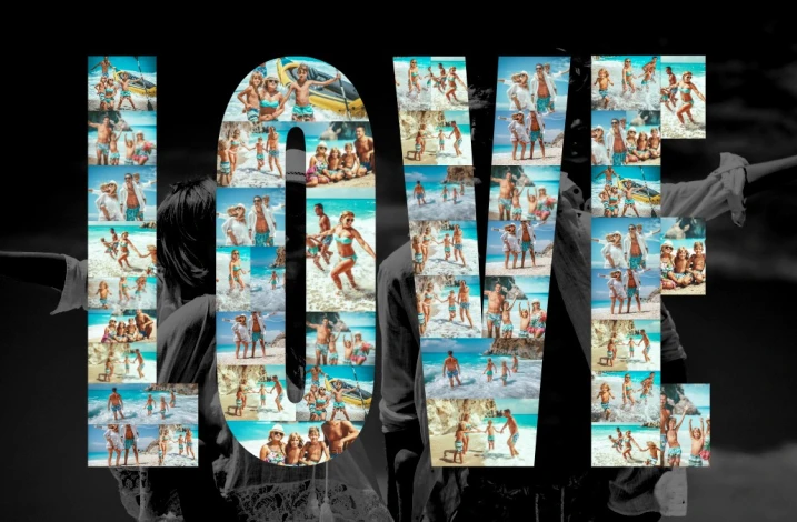 Photo collage gift in the form of a 40x50 cm print. LOVE text filled with images of people on the beach.