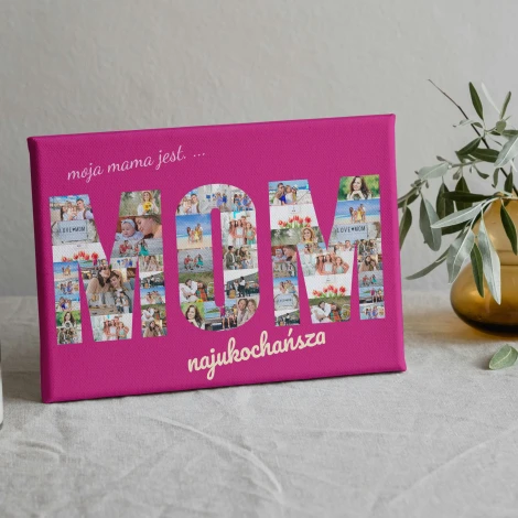 Photo collage gift in the form of text 30x40 cm - Graphic design. MOM text with colorful photos on a pink background.