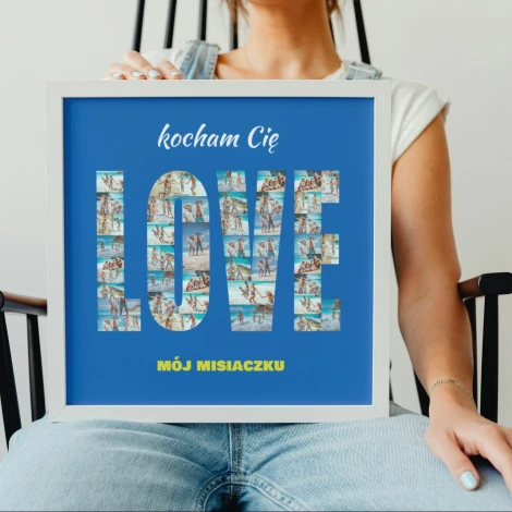 Photo collage gift in the form of a 50x50 cm design. LOVE text filled with photos on a blue background.