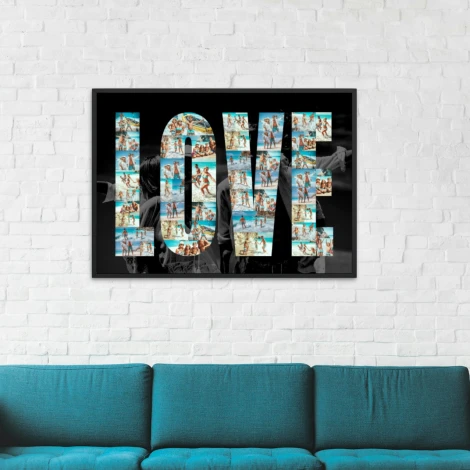 Photo collage gift in the form of a 50x70 cm print - Graphic design. Large LOVE letters filled with photos on a dark background.