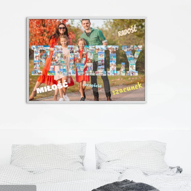 Photo collage gift in the form of a 70x100 cm sign - Bedroom arrangement with light walls and a gray-white bed.