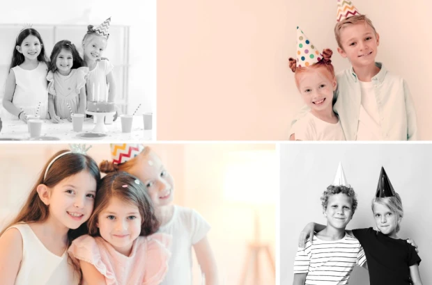 Collage poster with photos 40x50 cm - Graphic design. Four children\'s photos in various poses, in bright colors.