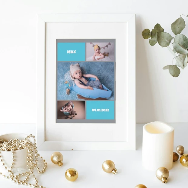 Photo poster 70x100 cm - Graphic design featuring a child in a blue frame, with date and decorations.