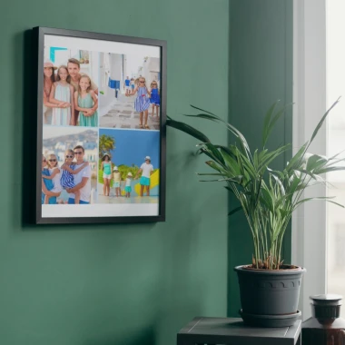 Collage poster with photos 30x40 cm - Living room setup. Green walls, potted plant nearby.