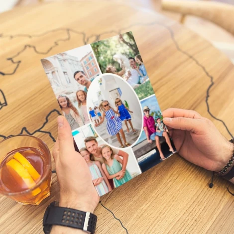 Collage poster with photos 40x50 cm - Living room decor. Light walls and wooden furniture.