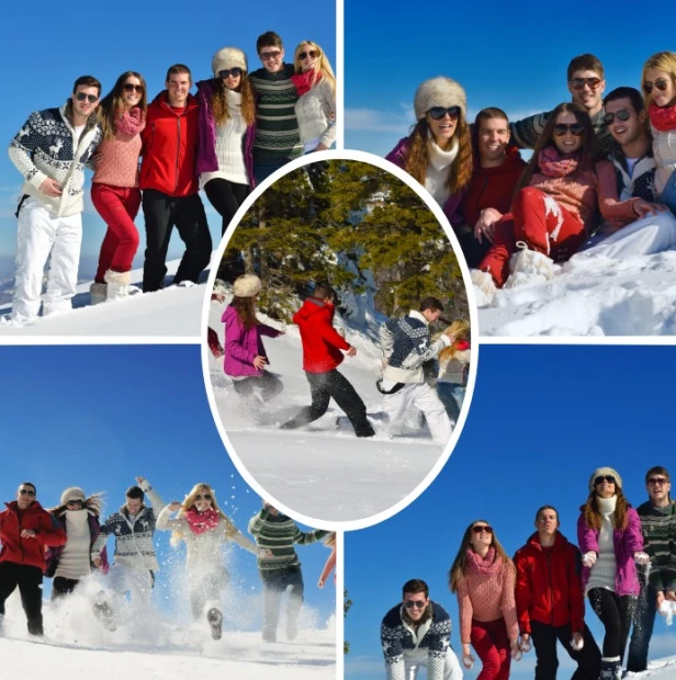 Collage poster with photos 50x50 cm - Graphic design. It features a group of people in winter clothes on the snow.