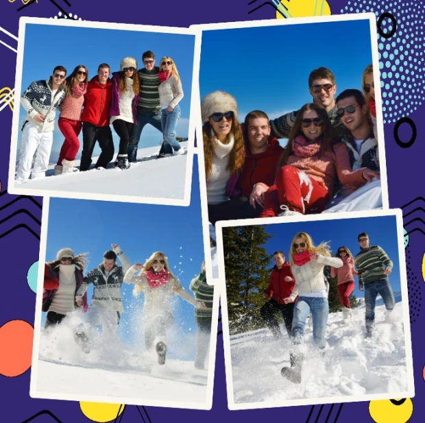 Collage poster with photos 50x50 cm - Graphic design. Four images of people in a winter setting on a colorful background.