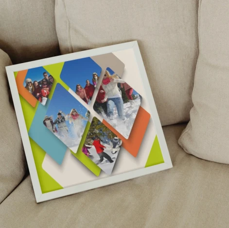 Collage poster with photos 50x50 cm - Graphic design featuring diamond and rectangle shapes in various colors.