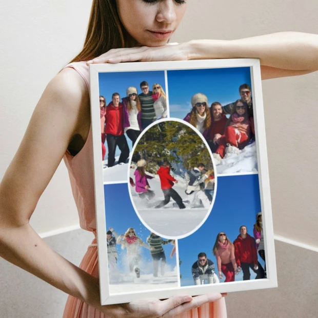 Collage poster with photos 50x70 cm - Styled in a bright room with beige walls.