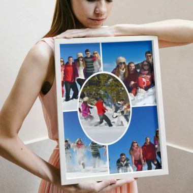 Collage poster with photos 50x70 cm - Styled in a bright room with beige walls.