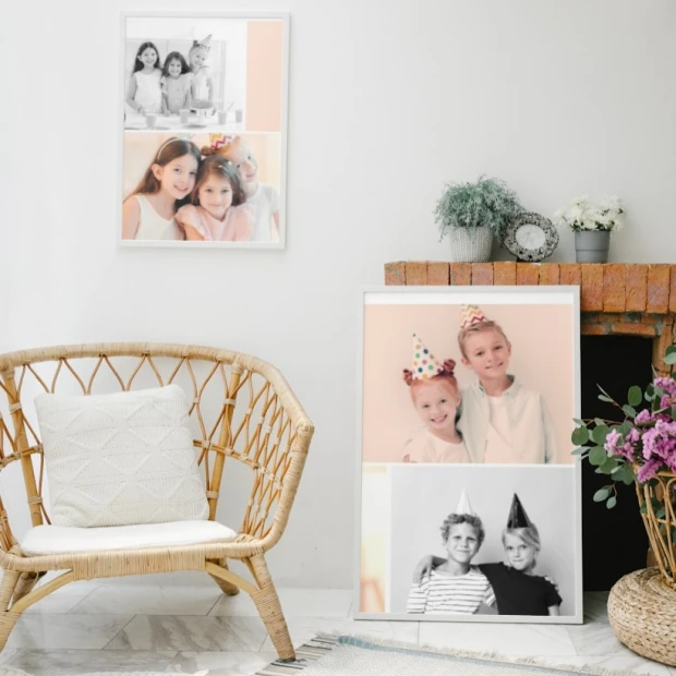 Photo poster 70x100 cm - Living room arrangement. Light walls, rattan chair, fireplace, and flowers.