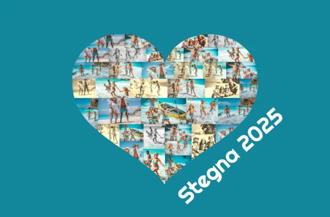 Heart-shaped photo collage poster 40x50 cm - Graphic design featuring photos and the text Stegna 2025.