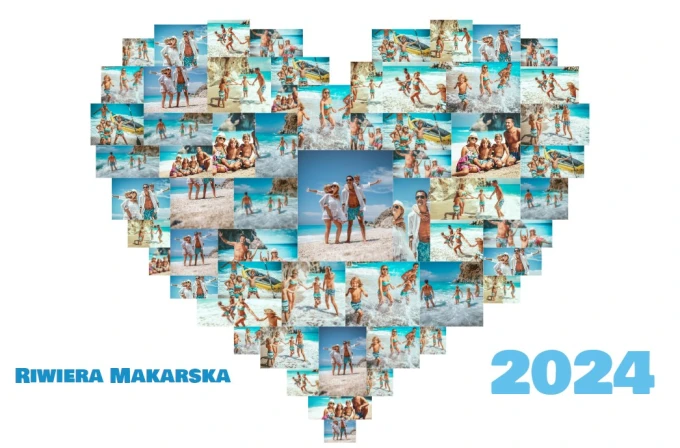 Heart-shaped photo collage poster 40x50 cm - Graphic design featuring a heart filled with beach photos of people.
