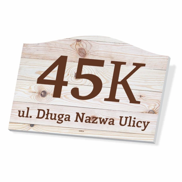 House number plaque, street - Graphic design. Rectangular plaque with number 45K and text St. Long Street Name.