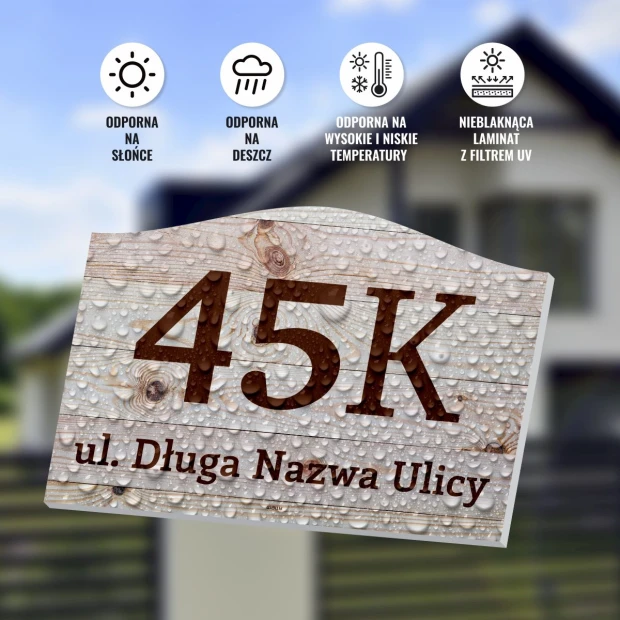 House number plaque with street name - Rectangular design featuring large numbers and a textured background.