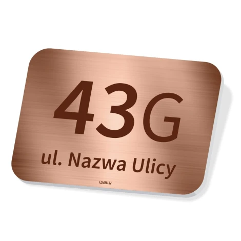 House number plaque for fence, featuring street name - Graphic design. Simple shape, large digits, text on metallic background.