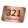House number sign for fence, featuring design with number 321 and street name. Rectangular shape.