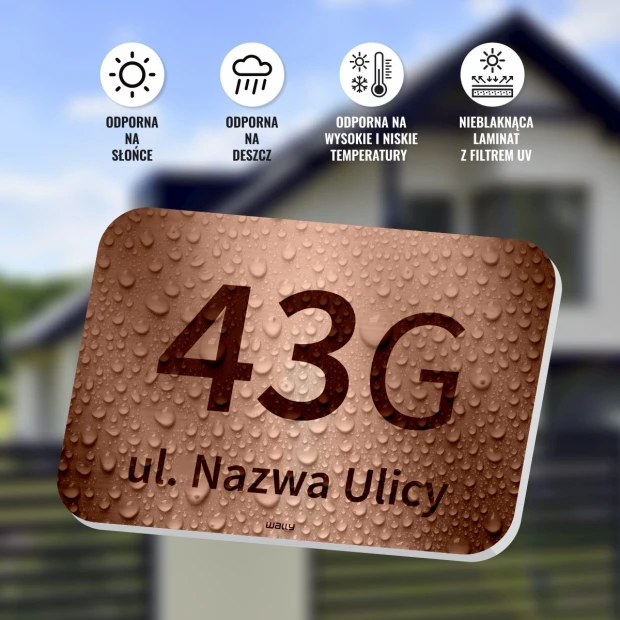 House number sign for fence, featuring design with number 43G and street name. Rectangular shape.