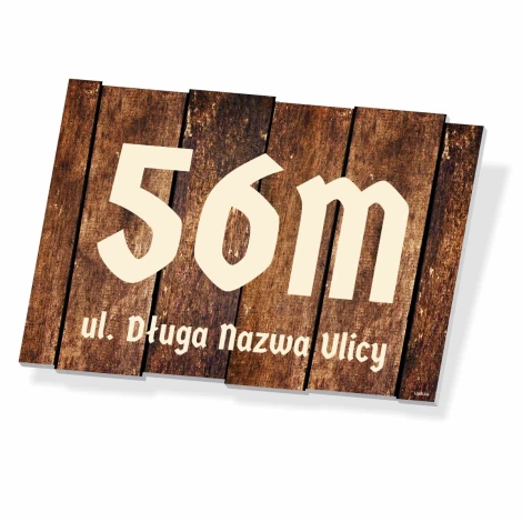 House sign with street name and number - Rectangular design with wood pattern and large digits.
