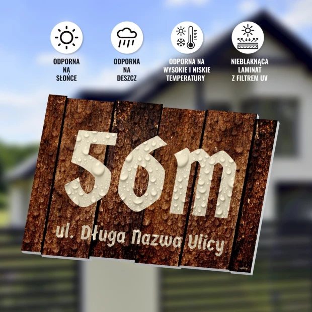 House sign with street name and number - Rectangular design with text on a wood-like background.