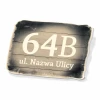 Street name and house number plaque - Graphic design. Rectangular plaque with white letters on a dark background.