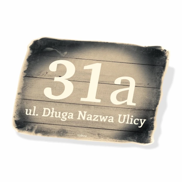 Street name and house number plaque - graphic design. Rectangular shape with white background, large numbers and colored text.