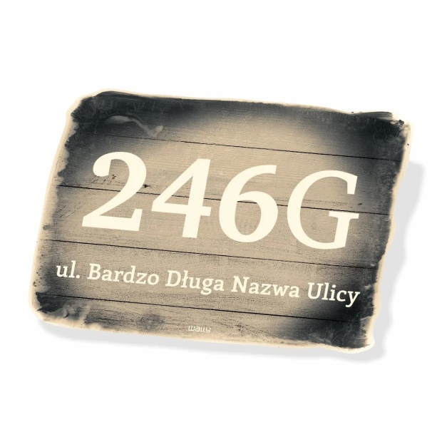 Street name and house number plaque - Graphic design. Rectangular shape with a white background, dark letters, and wood effect.