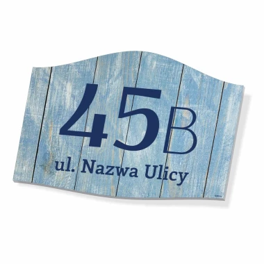House number sign with street name, wavy shape, blue background with white letters and numbers.