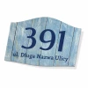 House number plaque with street name - Graphic design. Simple style with large digits on a wood-like background.