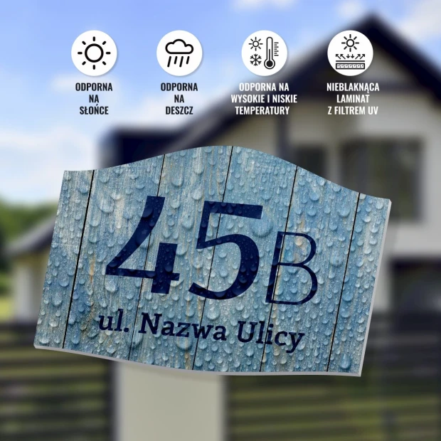 House number plaque with street name - Graphic design. Simple style, number 45B on a background of raindrops.