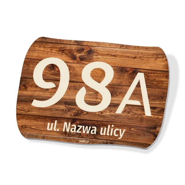 Rectangular fence sign with rounded corners, featuring a number, street name, and graphic design.
