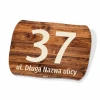 Fence sign with number and street name - Rectangular design with wood-like background and white details.