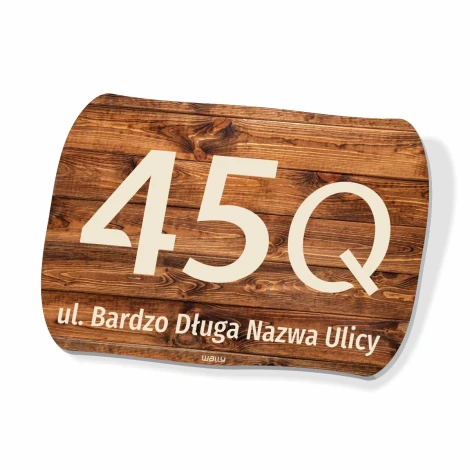 Fence sign with number and street name - Rectangular shape, wood-like background, large digits.