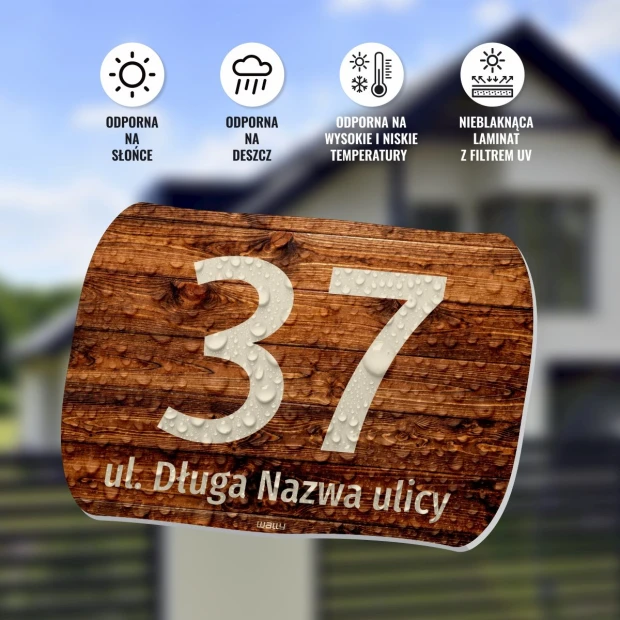 Fence sign with a number and street name - Rectangular shape, wood-like background, large number.