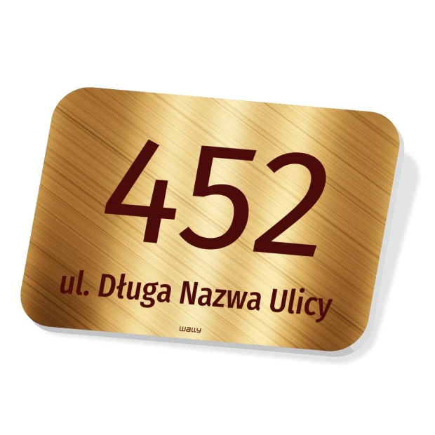 Rectangular house sign with number 452 and text: Długa Nazwa Street.