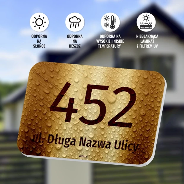 Rectangular property sign with number and street name, featuring large digits and text on a graphic background.