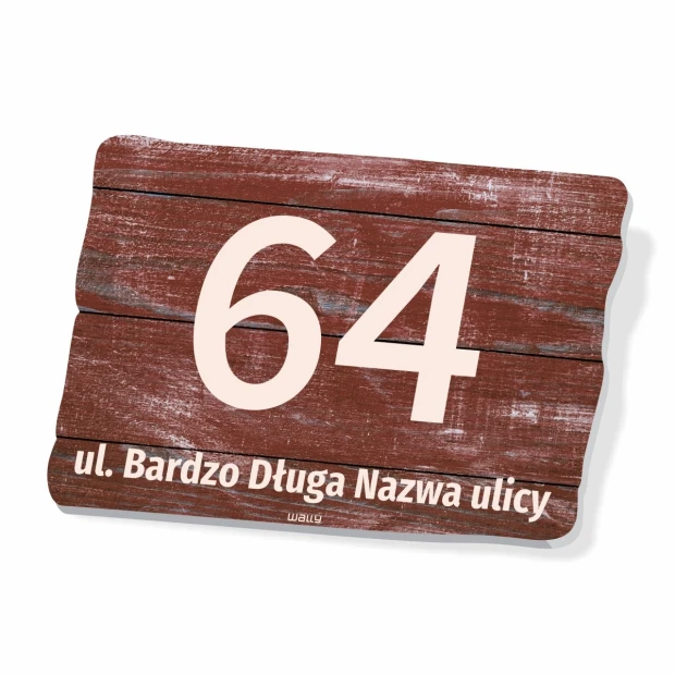 House number sign - Rectangular shape, wood-like background, large number 64.