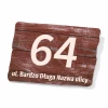 House number sign - Rectangular shape, wood-like background, large number 64.