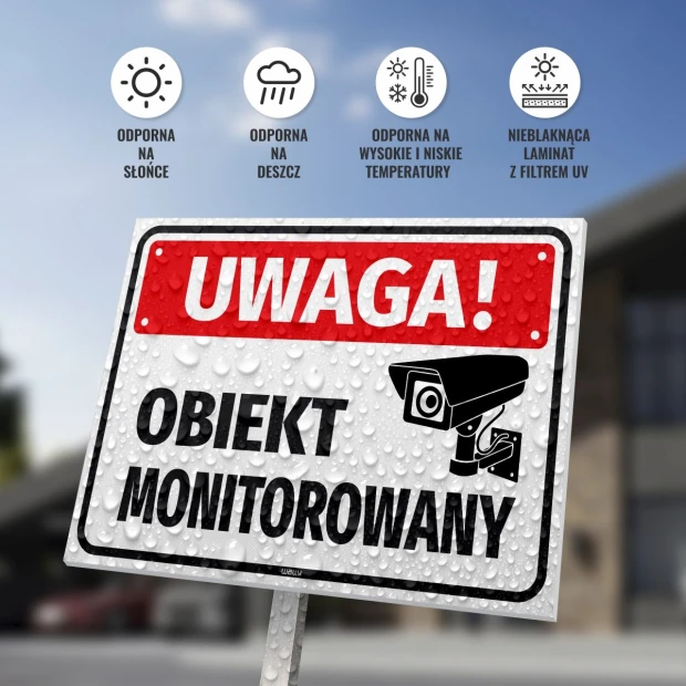 Warning monitored area sign - Simple design with a white background, large "WARNING!" text, and a camera icon.