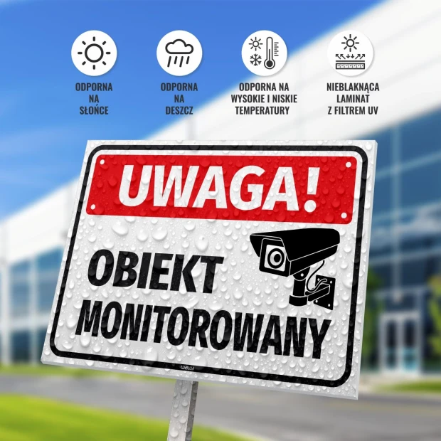 Warning: Monitored Area Sign - Rectangular sign with black text on a white background and symbol.