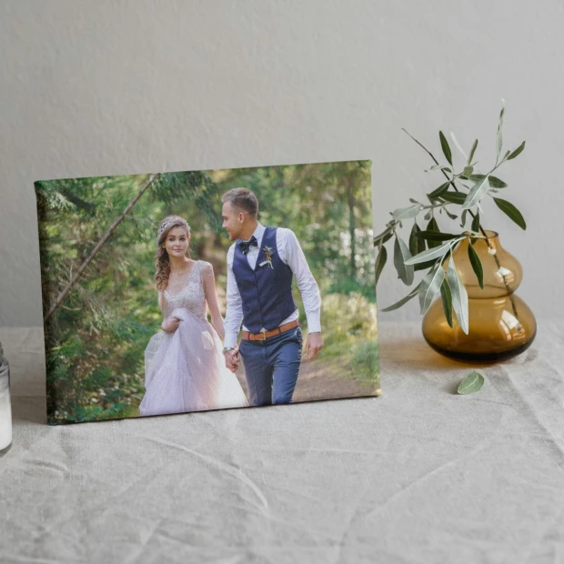 Canvas print from a photo 30x40 cm - Living room setup with light walls, a table with a white tablecloth, and plants in the background.