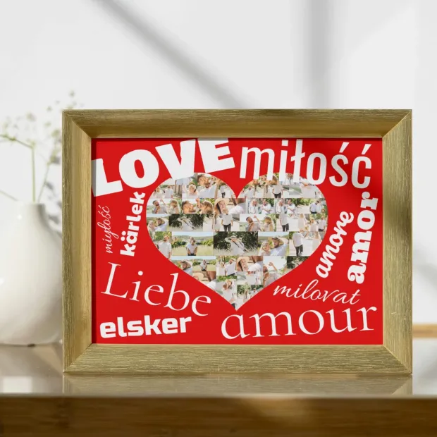 Photo poster 20x30 cm - Graphic design. Red background with white text and heart-shaped images.