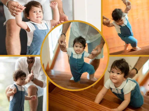 Photo poster 20x30 cm - Graphic design. Child in blue outfit climbing stairs, holding on.