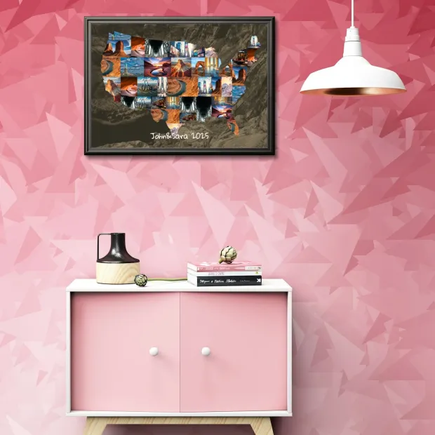 Photo poster 30x40 cm - Living room decor. Pink walls and light-colored furniture.