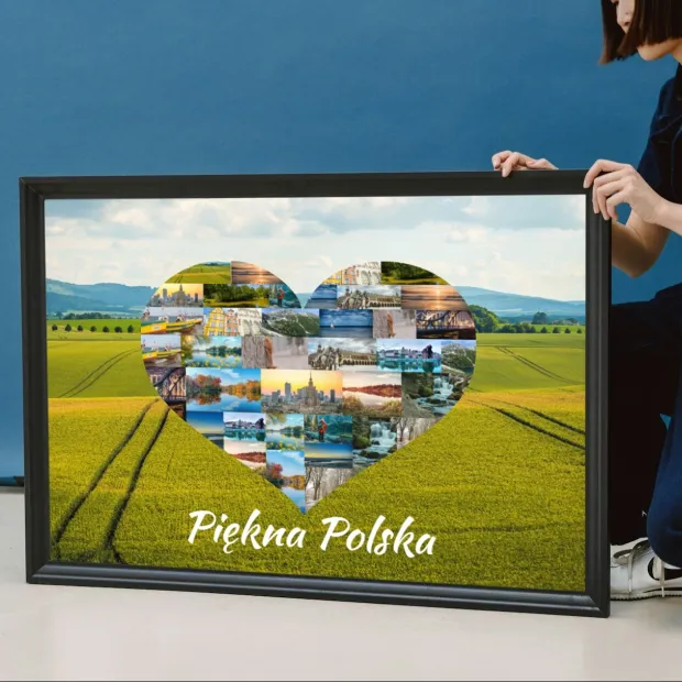 Photo poster 40x50 cm - Graphic design. Heart made of various images showcasing Poland against a green field.