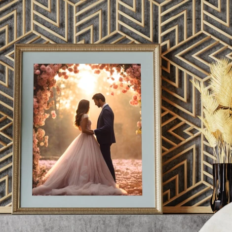 Photo poster 40x50 cm - Living room arrangement. Gray walls with a geometric pattern in the background.