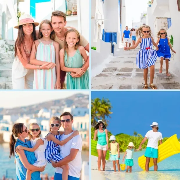 Photo poster 50x50 cm - Graphic design. Two families on vacation in light clothing, in various settings.